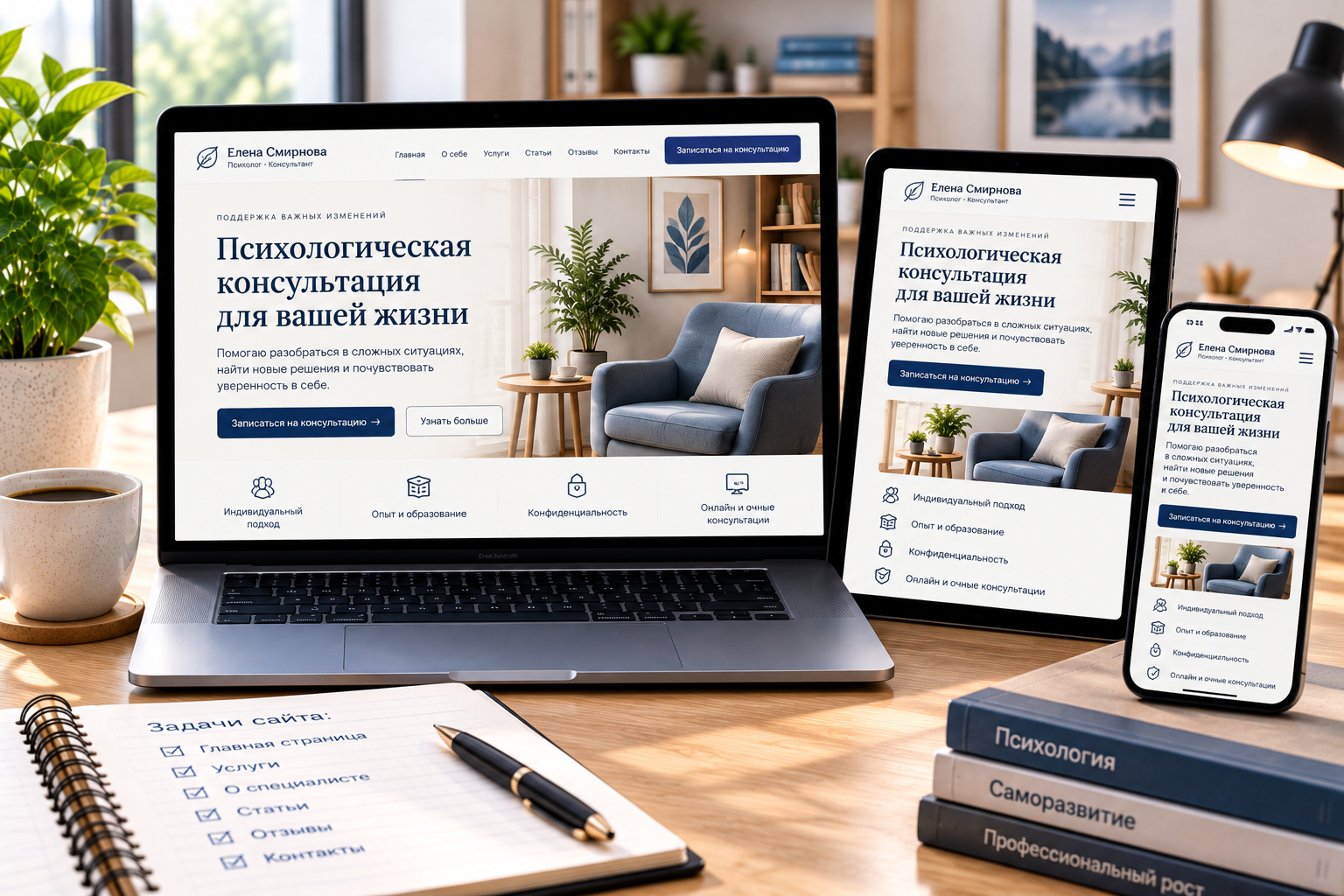 Адаптивный персональный сайт психолога на ноутбуке, планшете и смартфоне