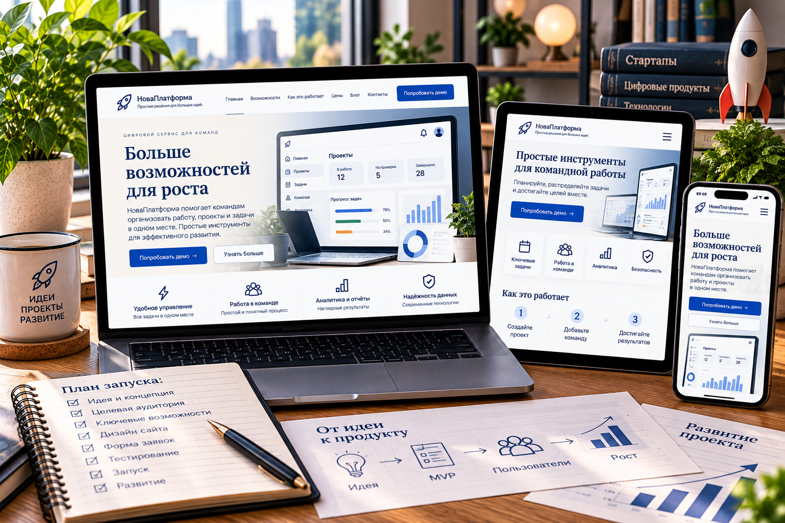 Адаптивный сайт технологического стартапа на ноутбуке, планшете и смартфоне с презентацией цифрового сервиса
