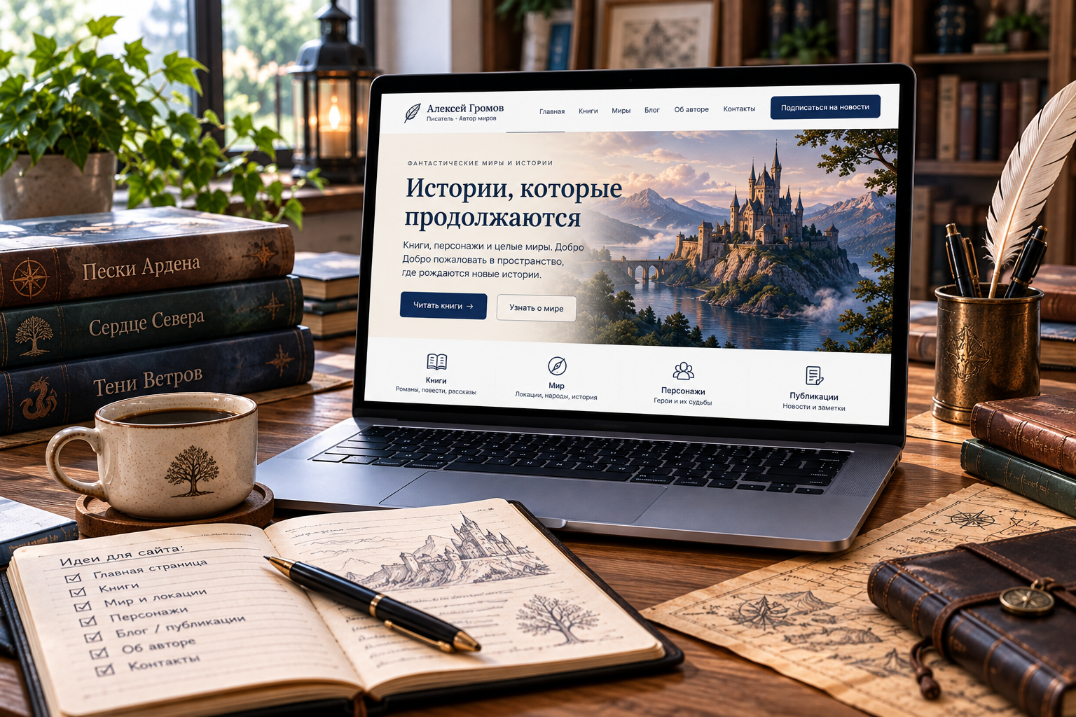 Авторский сайт писателя на ноутбуке среди книг, рукописей и карт вымышленного мира