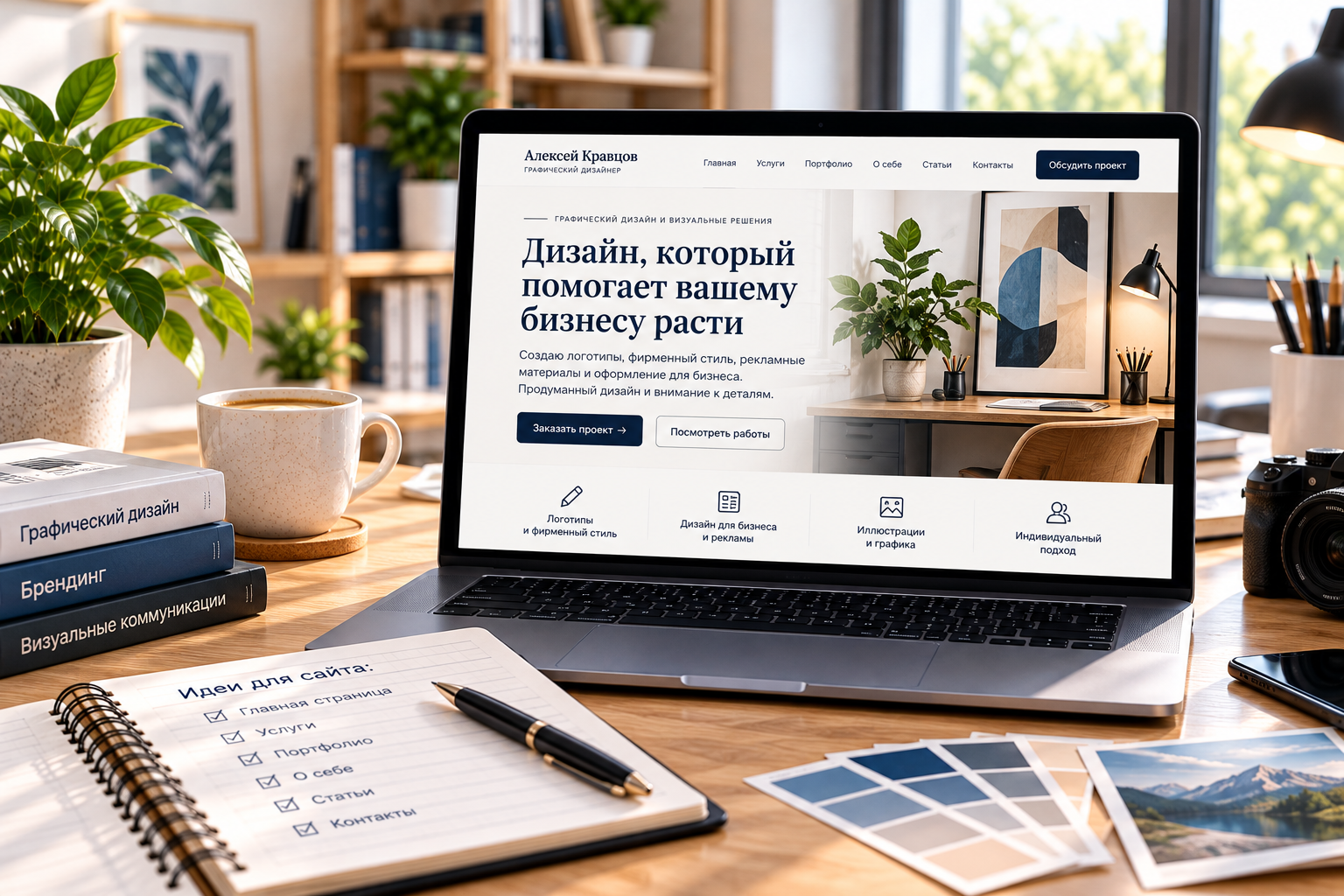 Персональный сайт графического дизайнера на ноутбуке, рабочий стол с блокнотом и книгами
