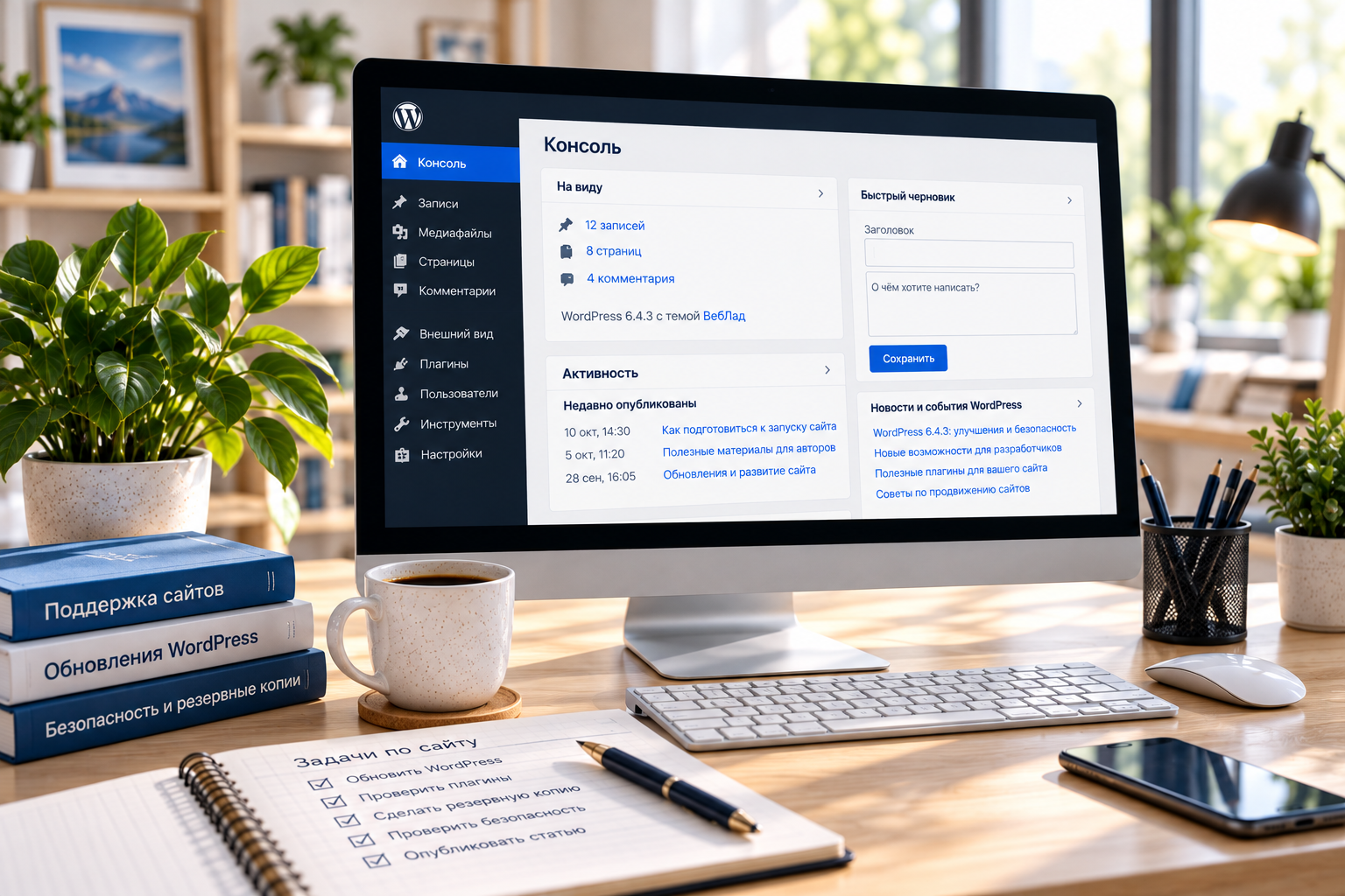 Поддержка и обновление сайтов на WordPress — рабочее место с панелью управления сайтом