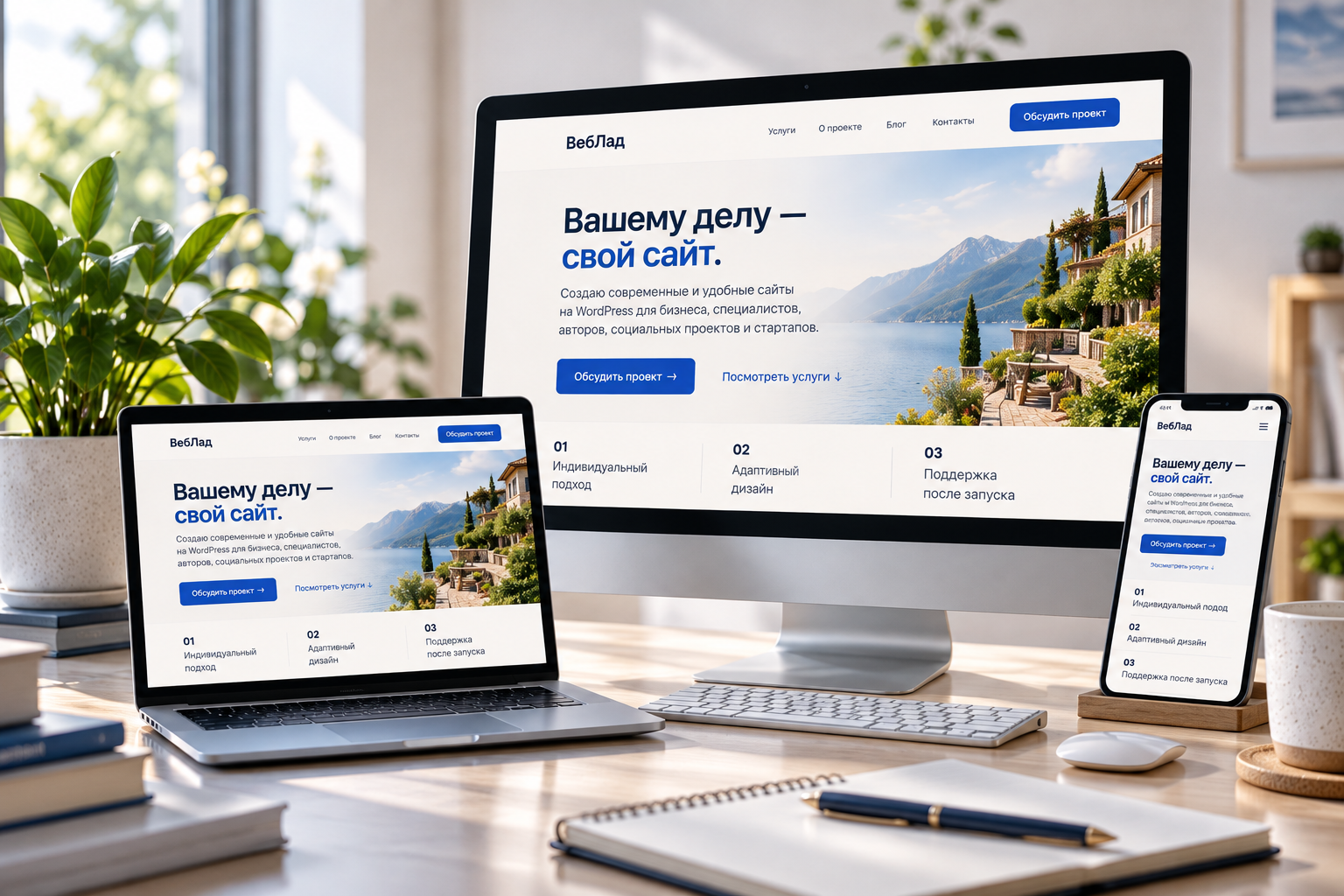 Адаптивный сайт ВебЛад на мониторе, ноутбуке и смартфоне