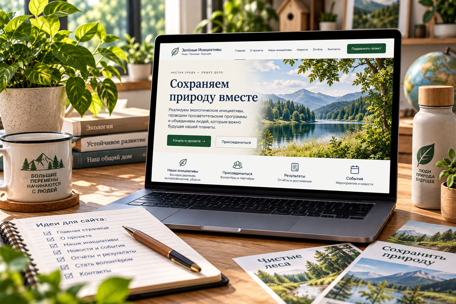 Сайт экологического социального проекта на ноутбуке, растения и материалы об охране природы