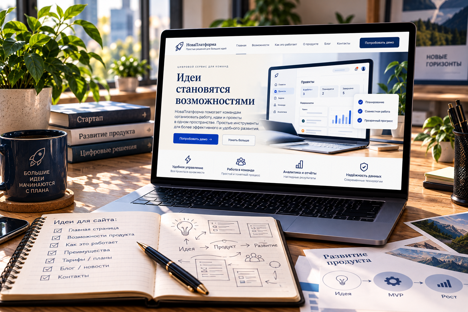 Презентационный сайт технологического стартапа на ноутбуке рядом с блокнотом идей и схемами развития продукта